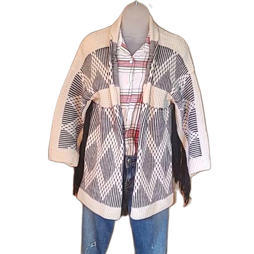 H&M Alpaca Wool Fringe Sweater Jacket Open Cardigan Tribal Navajo Western Print